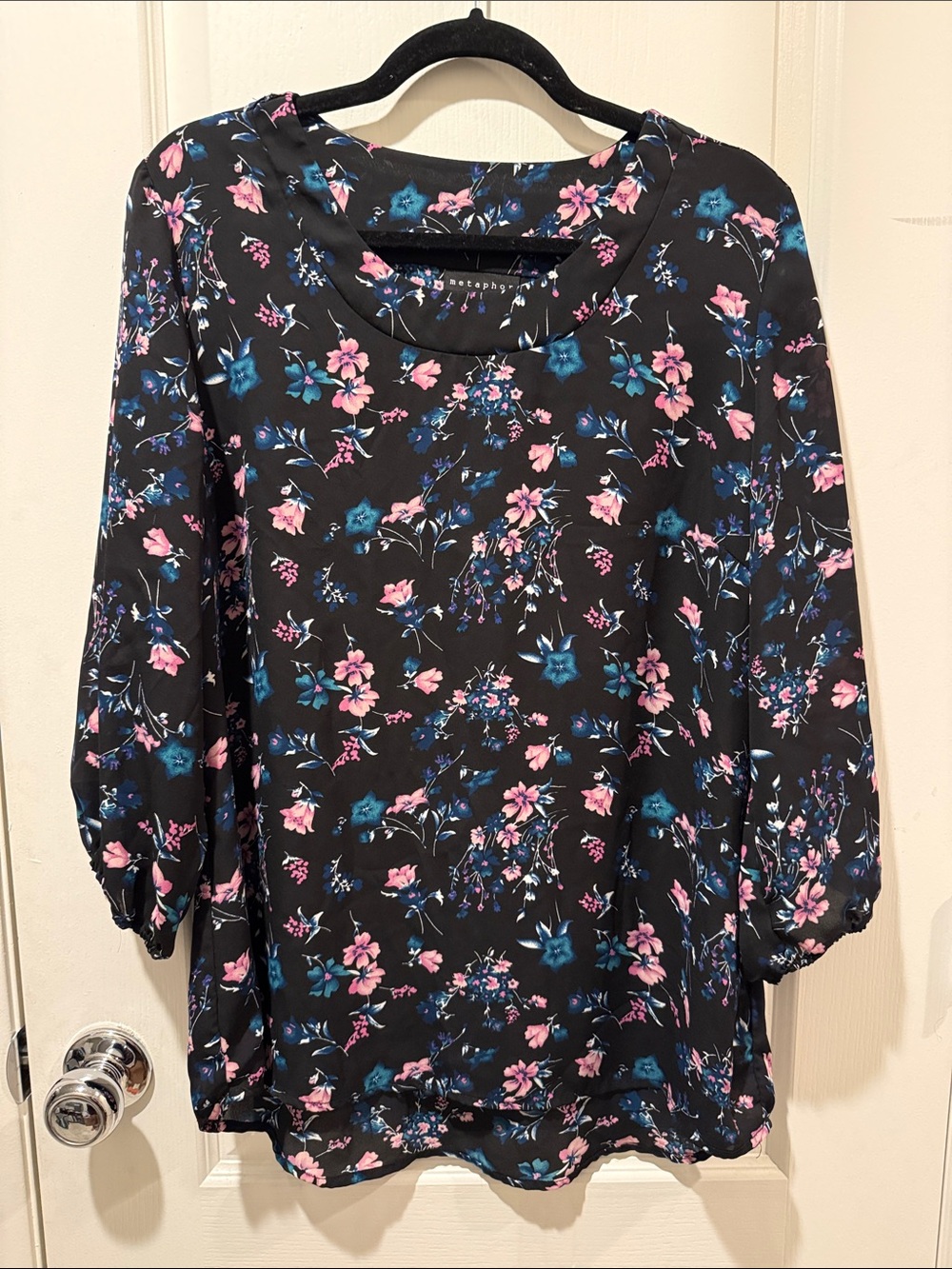 Metaphor Black Long-Sleeve Floral Blouse with Pink & Teal Flowers